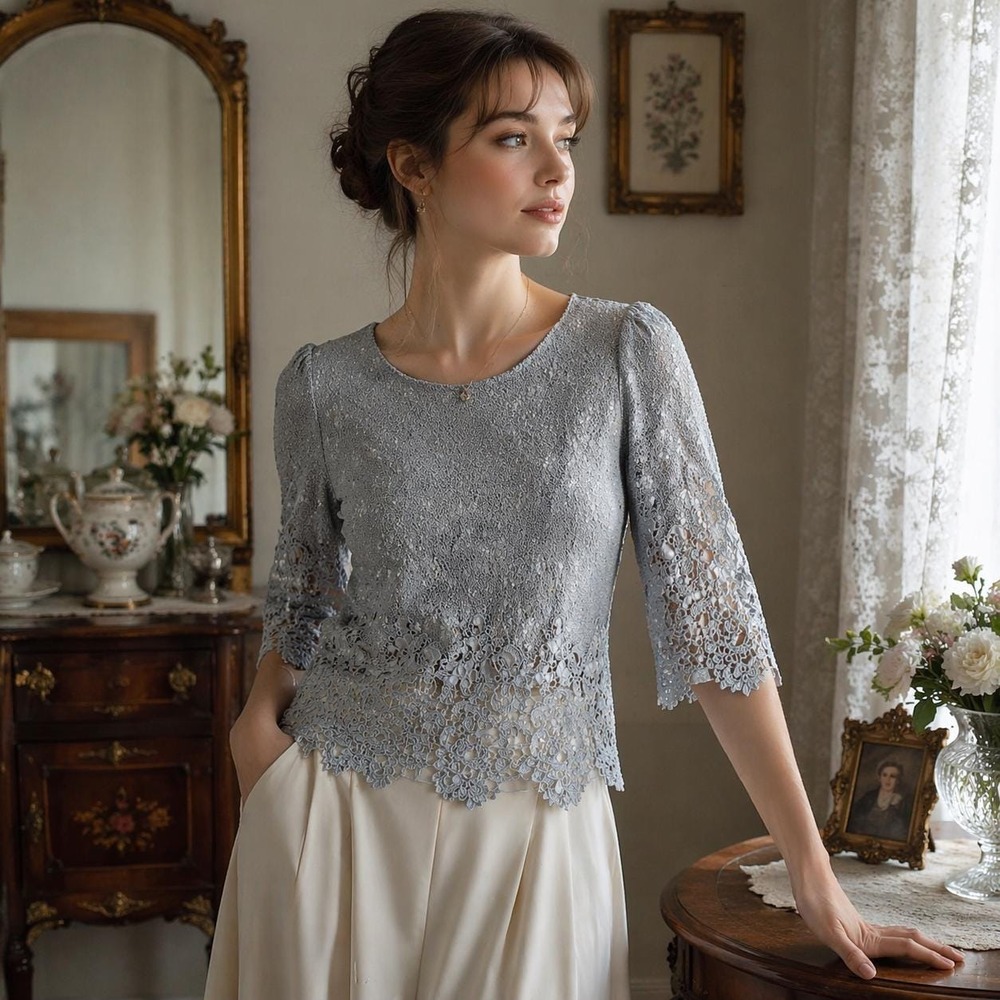 Vintage Lace Blouse Blue Gray Crochet Floral Top XS S Scalloped Hem 3/4 Sleeve